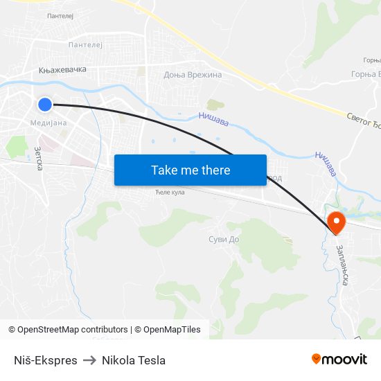 Niš-Ekspres to Nikola Tesla map