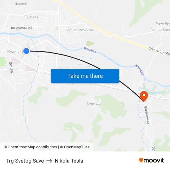 Trg Svetog Save to Nikola Tesla map