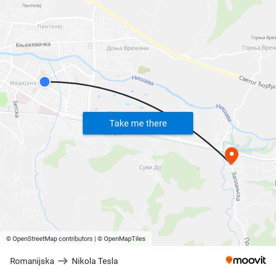 Romanijska to Nikola Tesla map