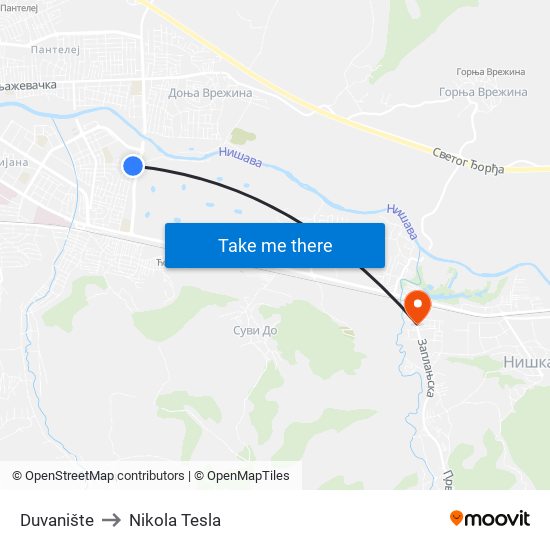 Duvanište to Nikola Tesla map