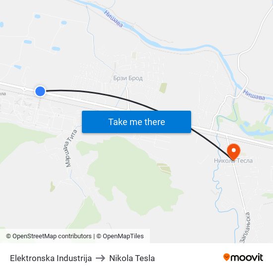 Elektronska Industrija to Nikola Tesla map