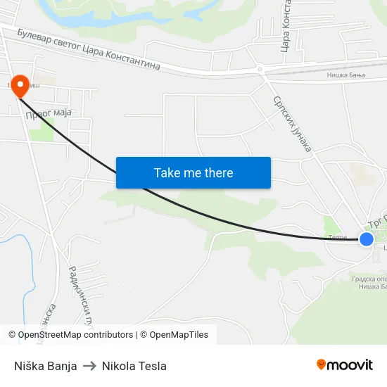 Niška Banja to Nikola Tesla map