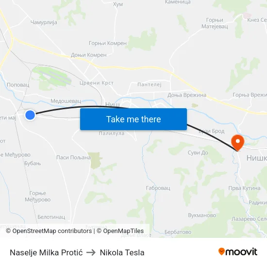 Milka Protic District to Nikola Tesla Street map