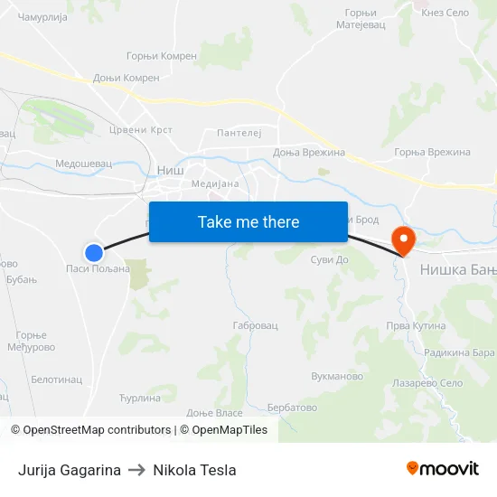 Yuri Gagarin to Nikola Tesla Street map