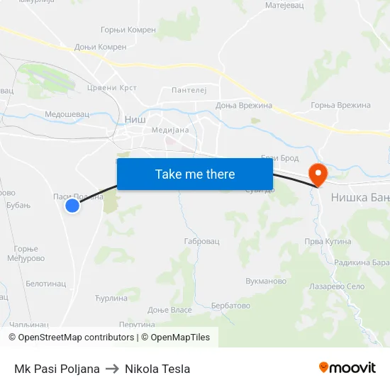 Mk Pasi Poljana to Nikola Tesla Street map