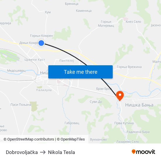 Dobrovoljačka to Nikola Tesla map