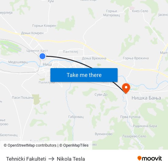 Tehnički Fakulteti to Nikola Tesla map