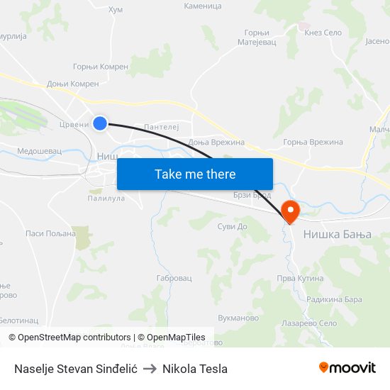 Naselje Stevan Sinđelić to Nikola Tesla map