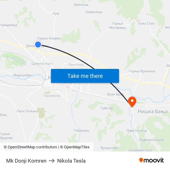 Mk Donji Komren to Nikola Tesla map