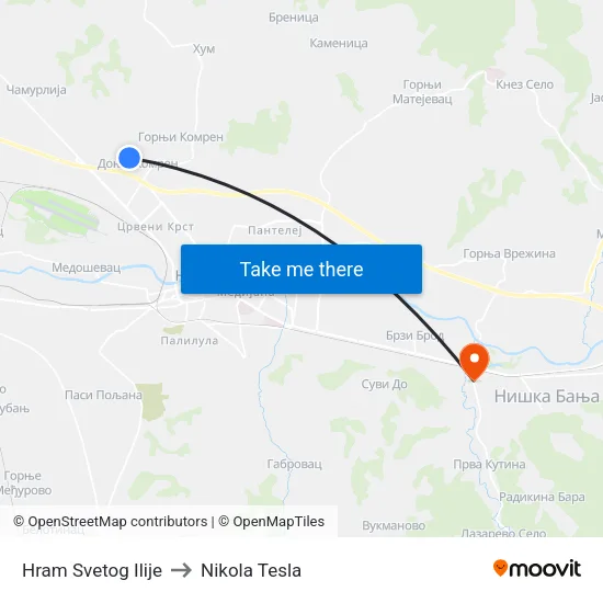 Saint Ilija Temple to Nikola Tesla Street map