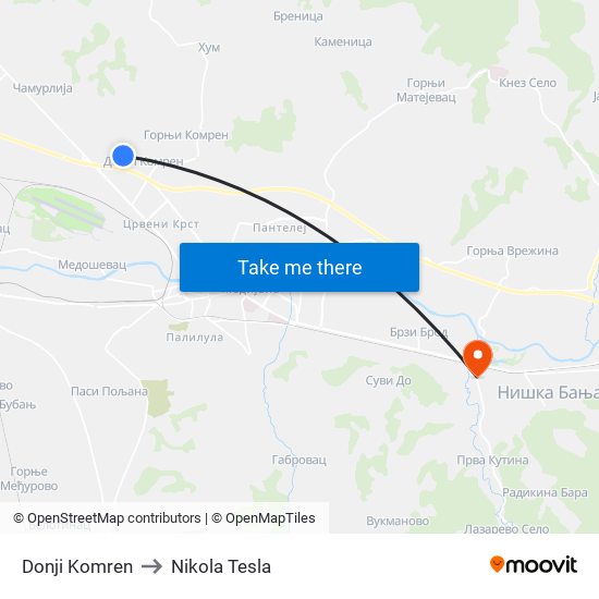 Donji Komren to Nikola Tesla map