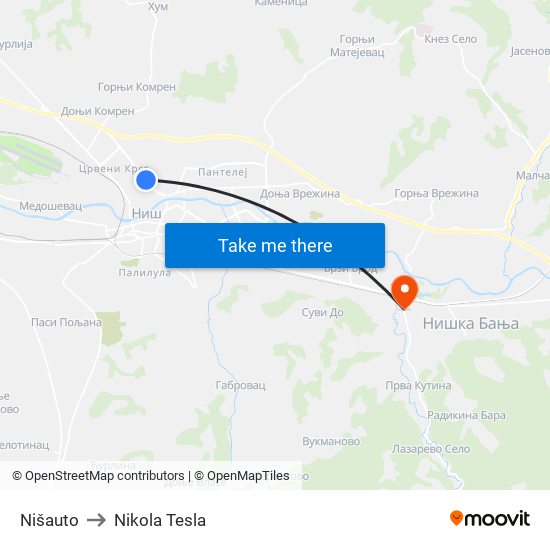 Nišauto to Nikola Tesla map