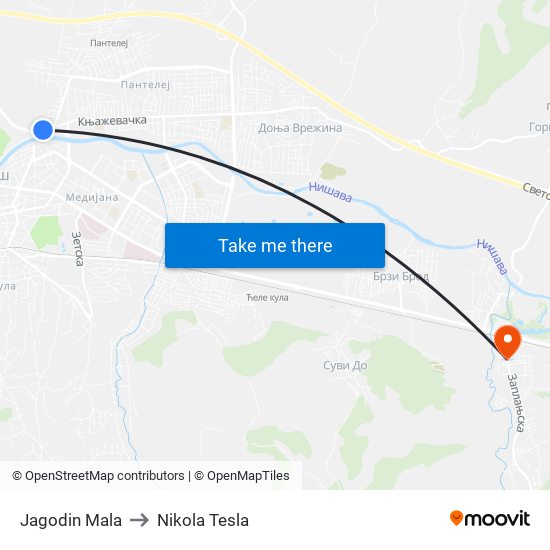 Jagodin Mala to Nikola Tesla map