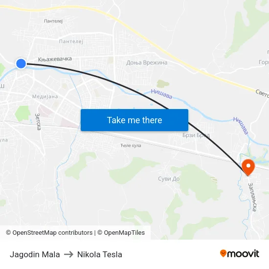 Jagodin Mala to Nikola Tesla Street map
