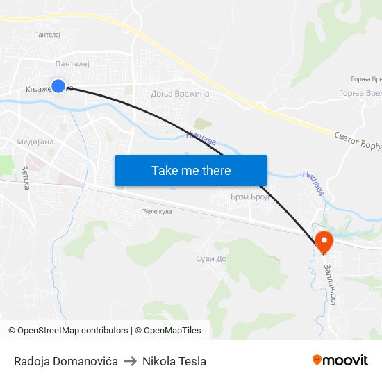 Radoja Domanovića to Nikola Tesla map