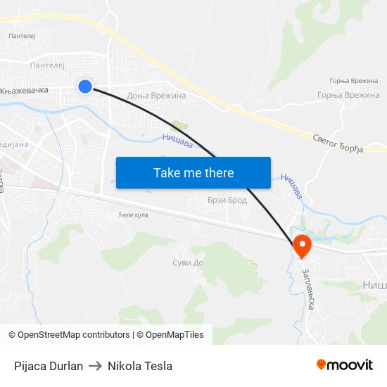 Pijaca Durlan to Nikola Tesla map
