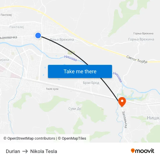 Durlan to Nikola Tesla map