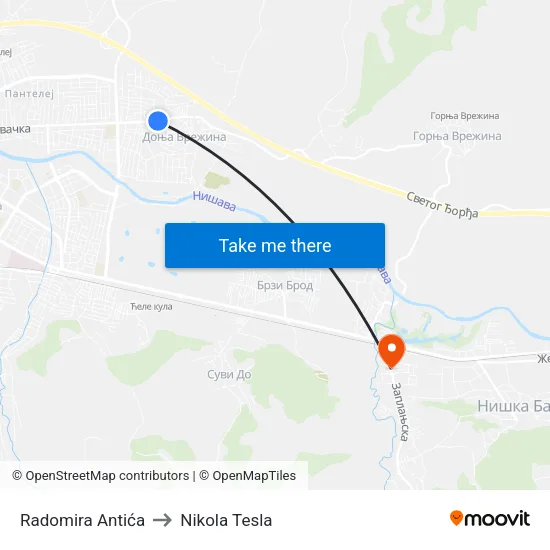 Radomir Antic to Nikola Tesla Street map