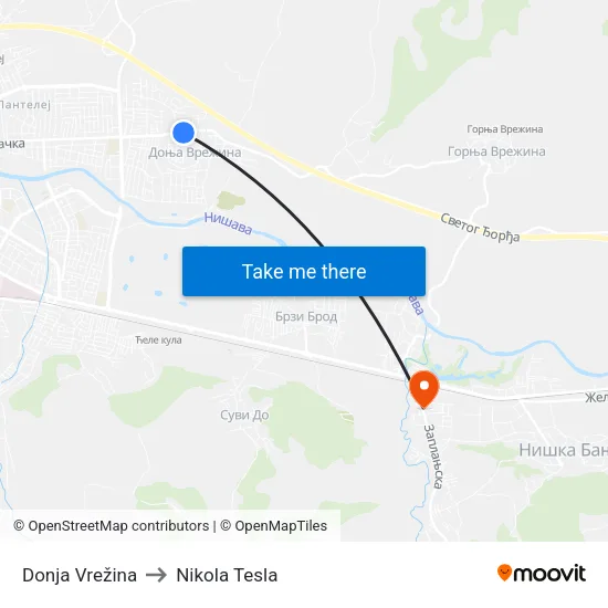Donja Vrežina to Nikola Tesla Street map