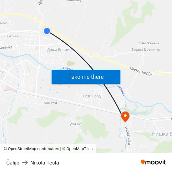 Čalije to Nikola Tesla map