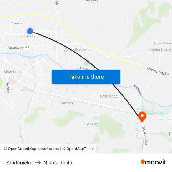 Studenica to Nikola Tesla Street map