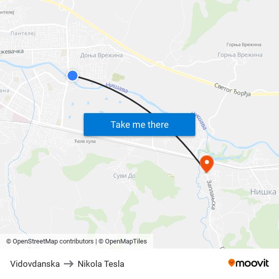 Vidovdanska to Nikola Tesla map