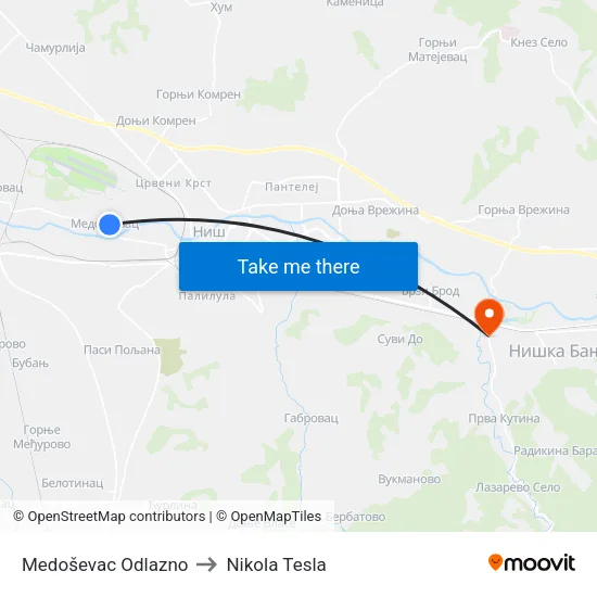 Medoševac Odlazno to Nikola Tesla map