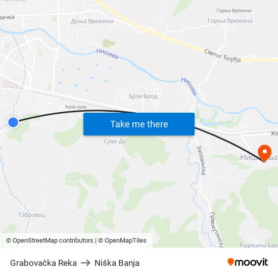 Grabovačka Reka to Niška Banja map