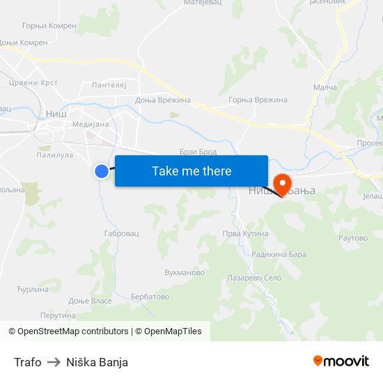 Trafo to Niška Banja map