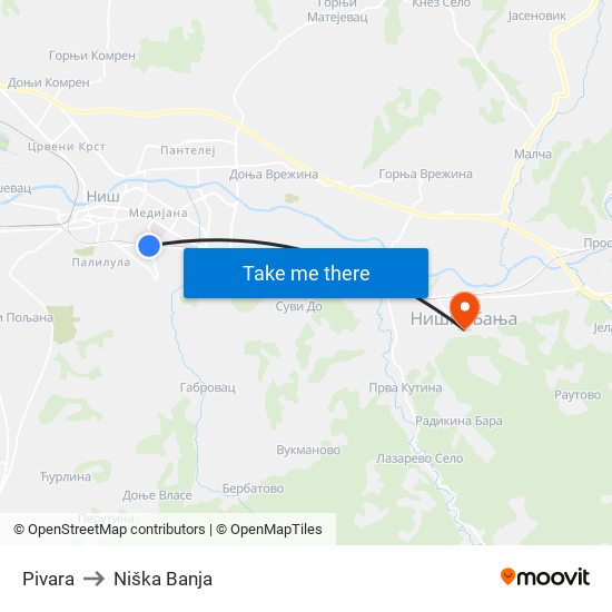 Pivara to Niška Banja map