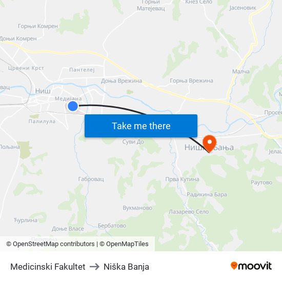 Medicinski Fakultet to Niška Banja map