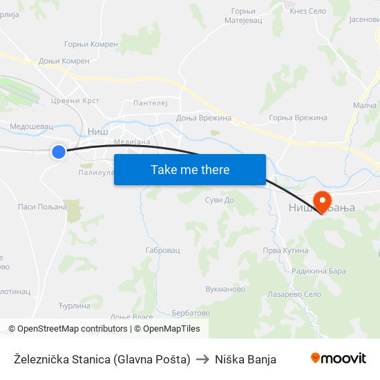 Železnička Stanica (Glavna Pošta) to Niška Banja map