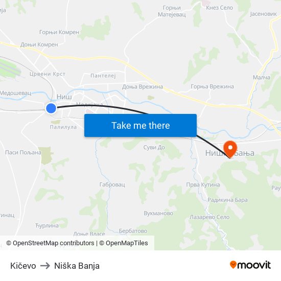 Kičevo to Niška Banja map