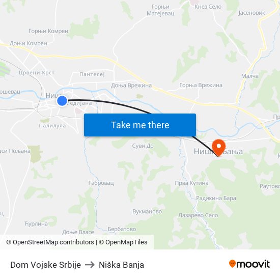 Dom Vojske Srbije to Niška Banja map