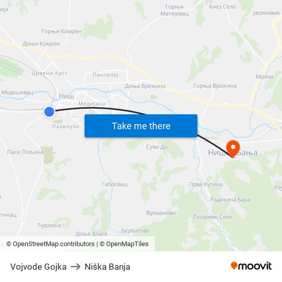 Vojvode Gojka to Niška Banja map