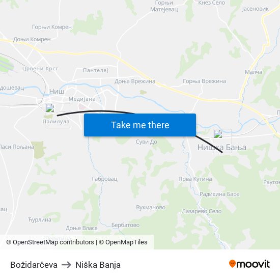 Božidarčeva to Niška Banja map