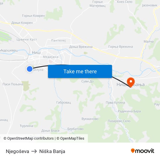 Njegoševa to Niška Banja map