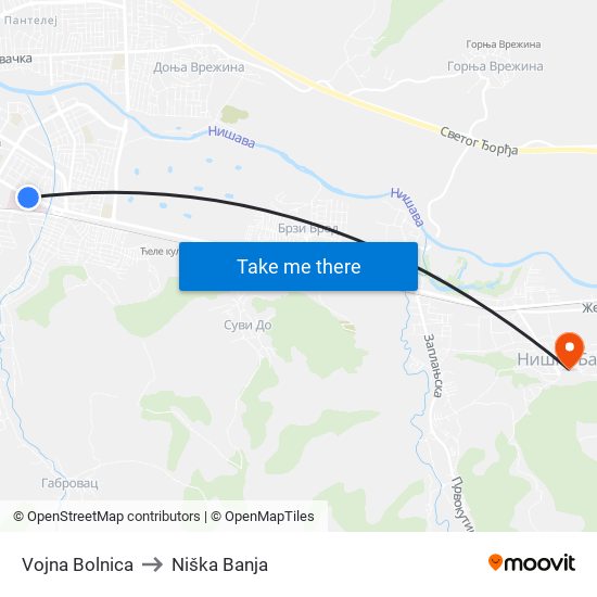 Vojna Bolnica to Niška Banja map