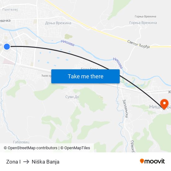 Zona I to Niška Banja map