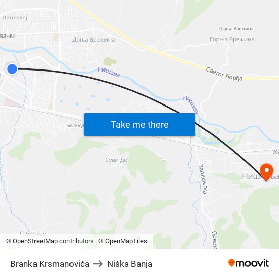 Branka Krsmanovića to Niška Banja map