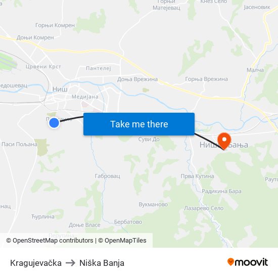 Kragujevačka to Niška Banja map