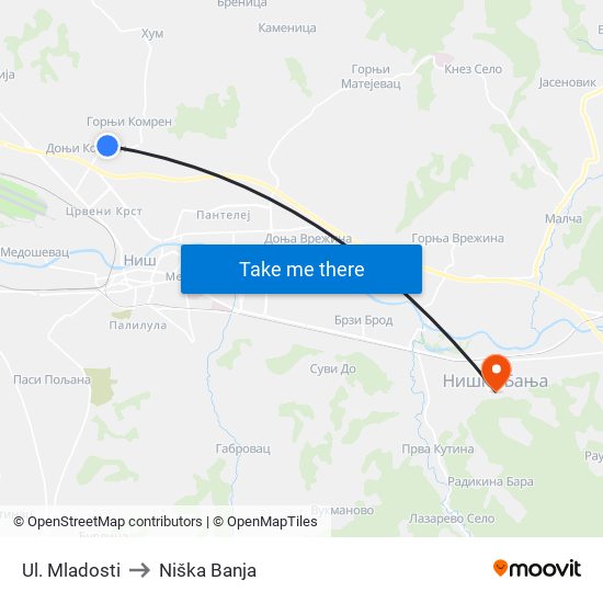 Ul. Mladosti to Niška Banja map