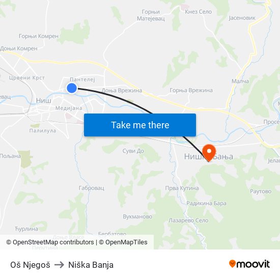 Oš Njegoš to Niška Banja map