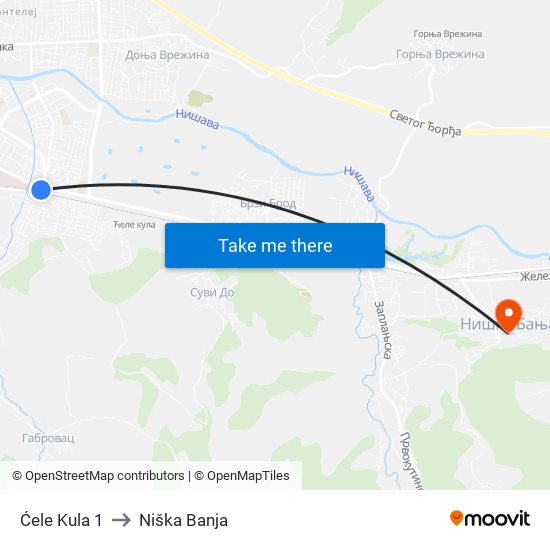 Ćele Kula 1 to Niška Banja map