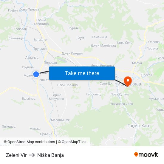 Zeleni Vir to Niška Banja map