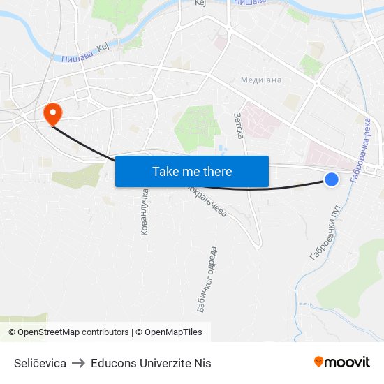Seličevica to Educons Univerzite Nis map
