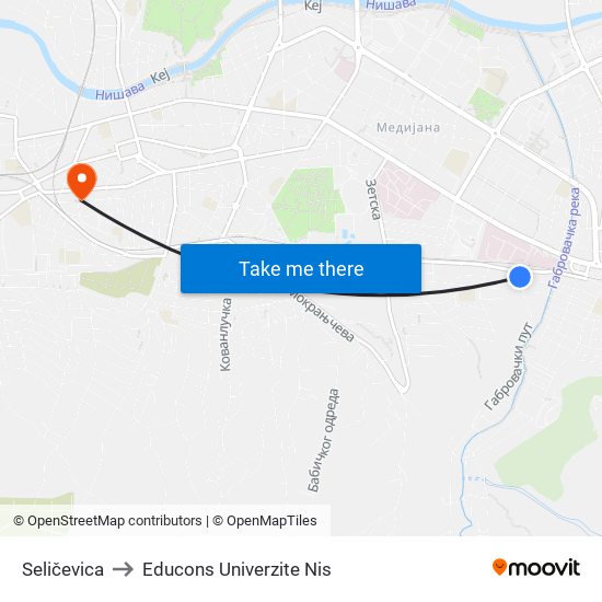 Seličevica to Educons Univerzite Nis map