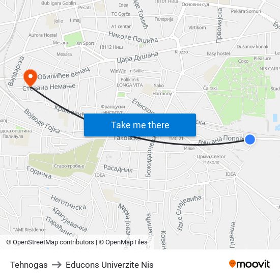 Tehnogas to Educons Univerzite Nis map