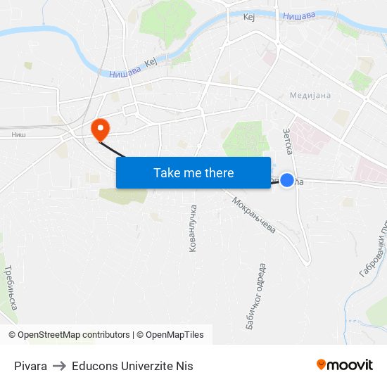 Pivara to Educons Univerzite Nis map