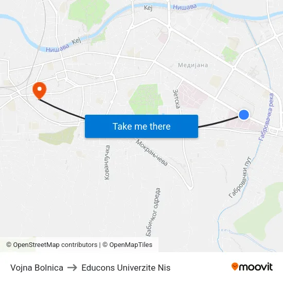 Vojna Bolnica to Educons Univerzite Nis map